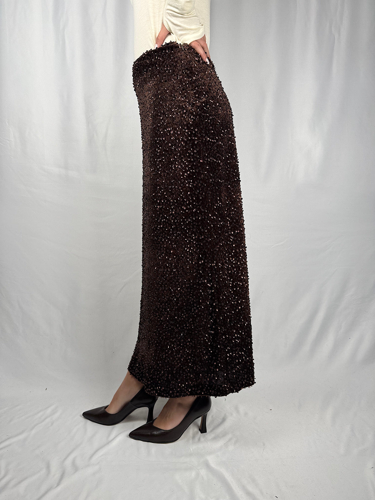 Gonna in Velluto con Pailletes Marrone Tensione-In
