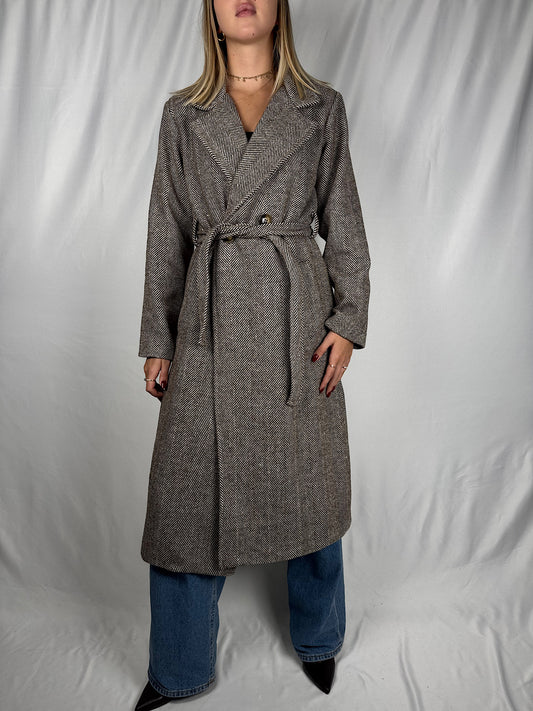 Capotto Lungo con Cintura Spigato Marrone Armonia