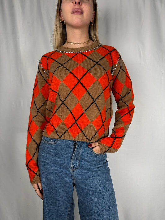 Maglia Girocollo a Rombi con Cabochon  Arancio/Cammello Vicolo