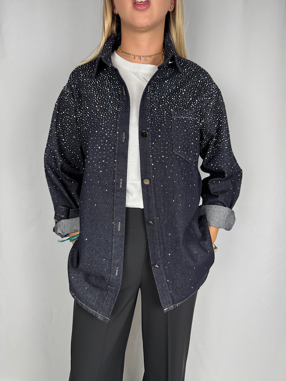 Camicia Denim Scuro con Strass Armonia