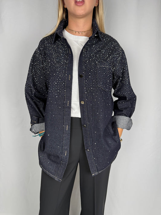 Camicia Denim Scuro con Strass Armonia