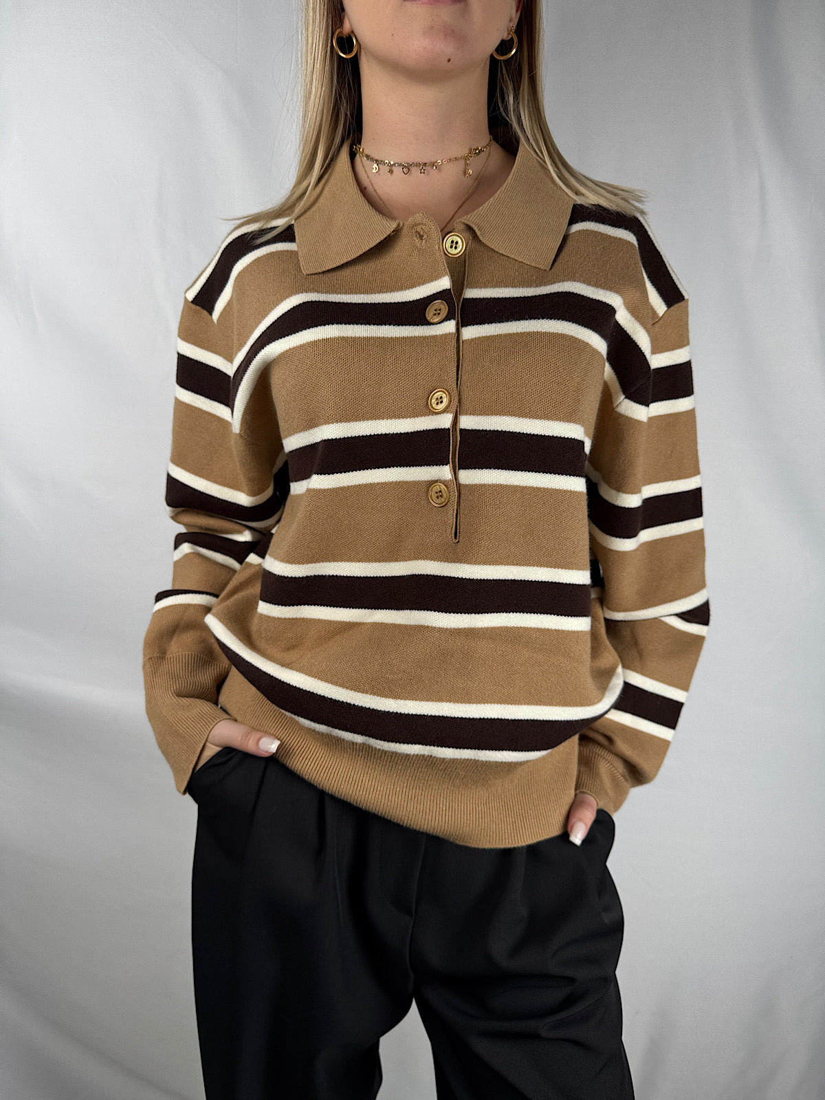 Polo a Righe Cammello e Marrone Armonia