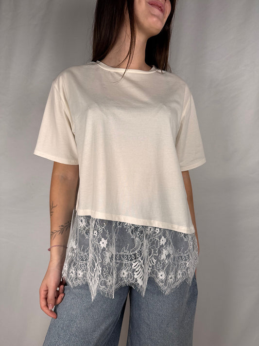 T-shirt con Pizzo sul Fondo Armonia Bianca