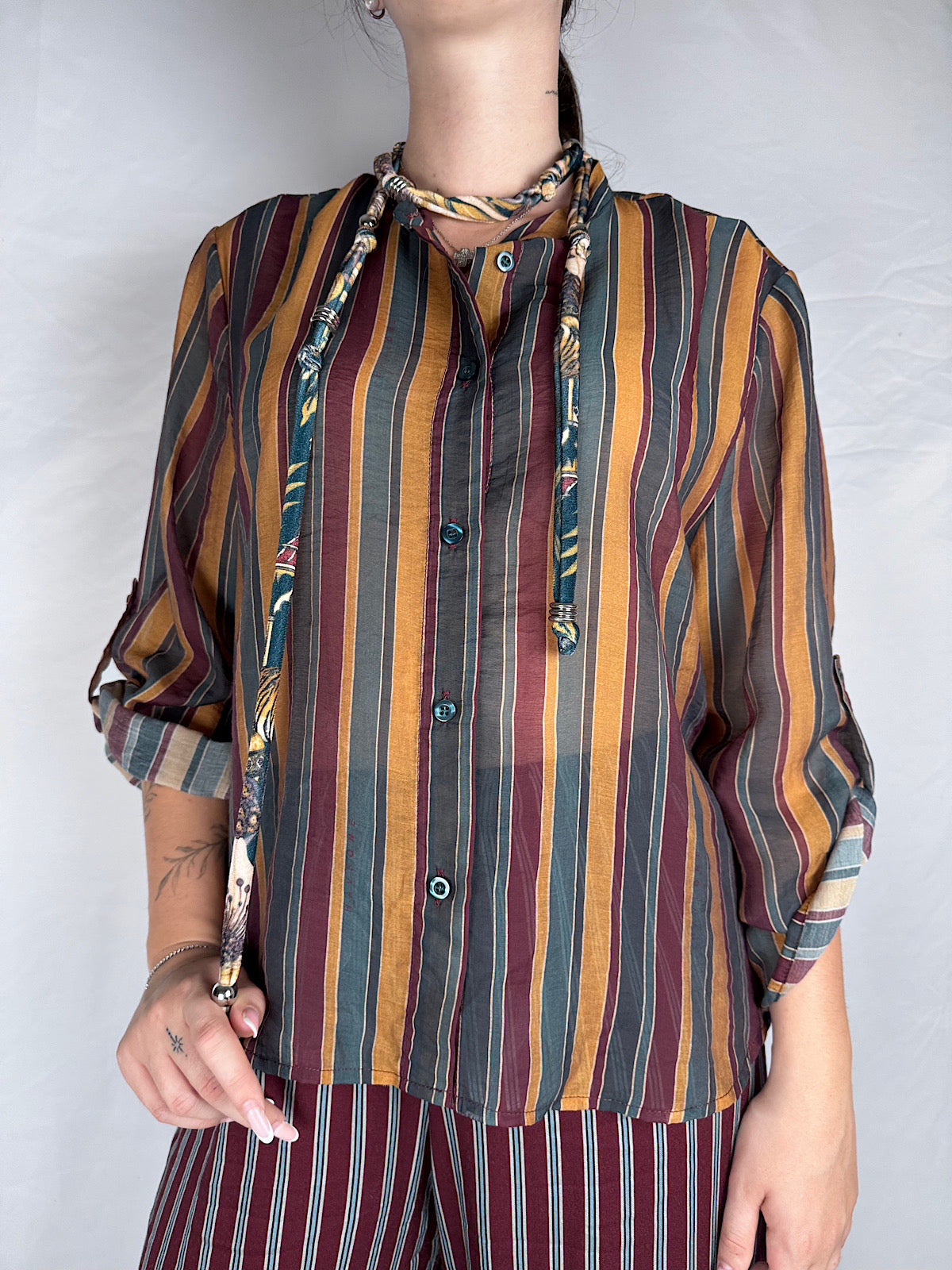 Camicia con Collana Righe "Nomad" HaveOne Bordeaux/Bottiglia/Ocra