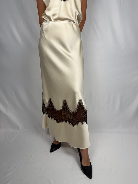 Gonna Satin Lunga con Pizzo Marrone Tensione-In Panna