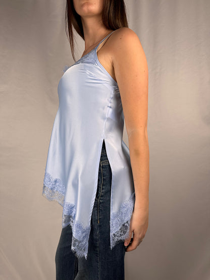 Canotta in Raso con Bordi in Pizzo Celeste Vicolo