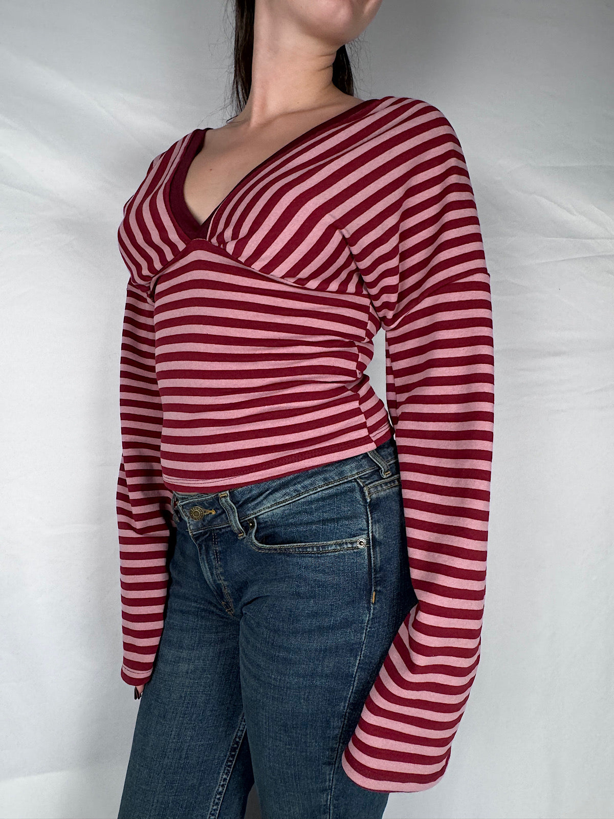 T-shirt Long Sleeve Scollo V Righe Armonia Bordeaux