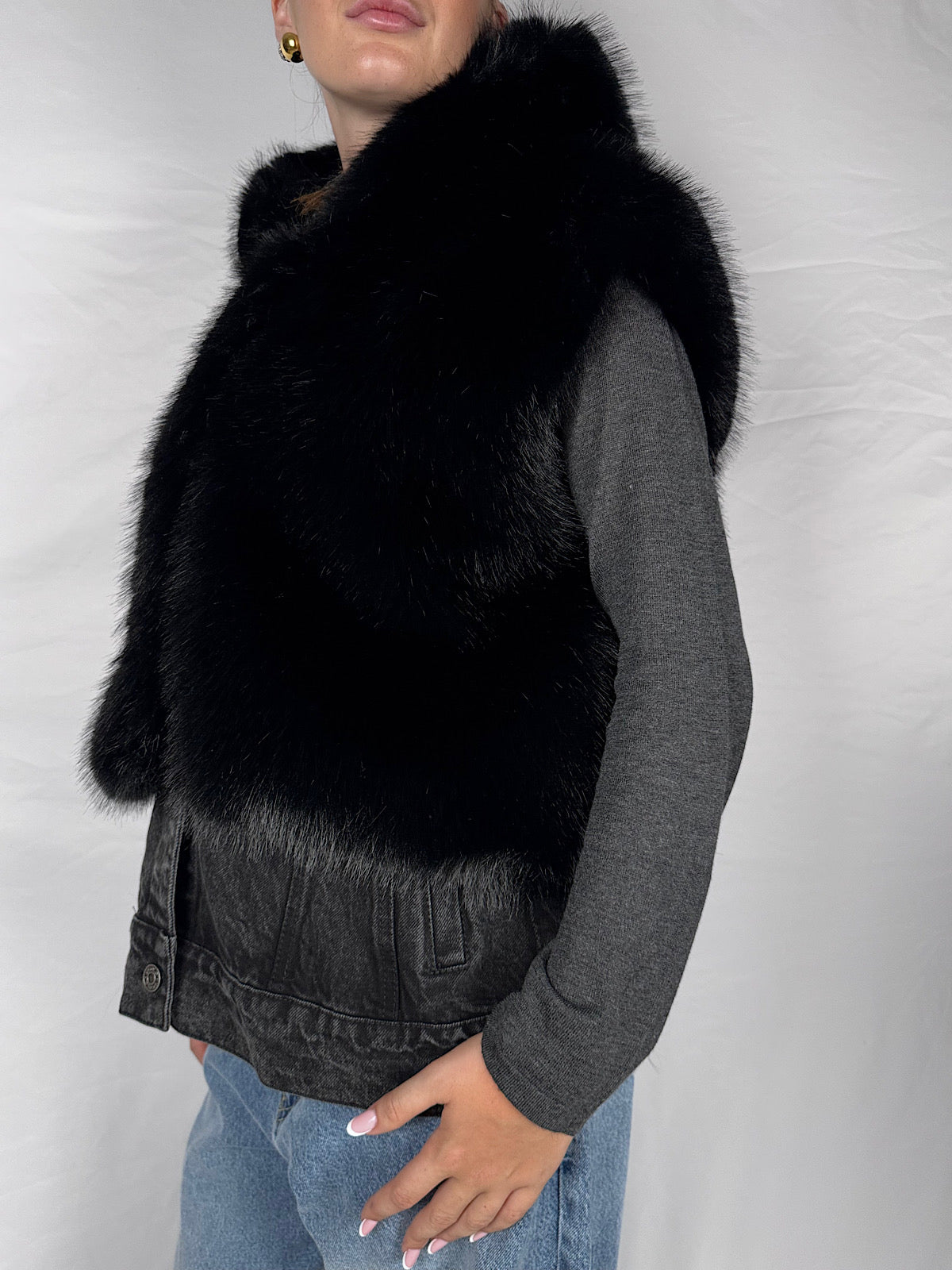 Gilet Eco Pelliccia Dettaglio Jeans Vicolo Nero