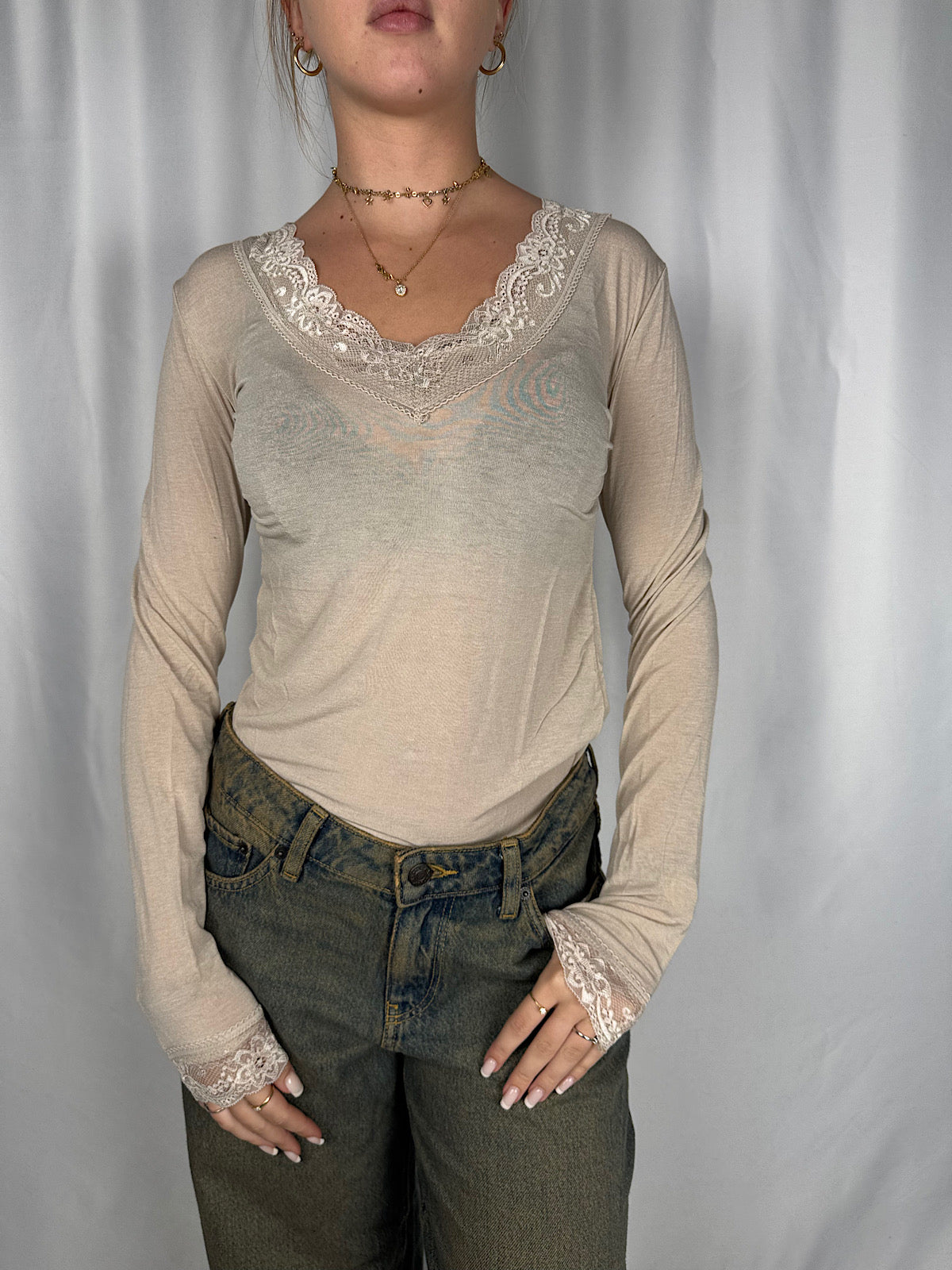 Maglia Misto Cachemere con Pizzo Beige Armonia