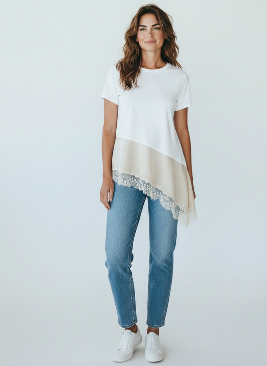 T-Shirt Bianca con Pizzo Beige Tensione-In