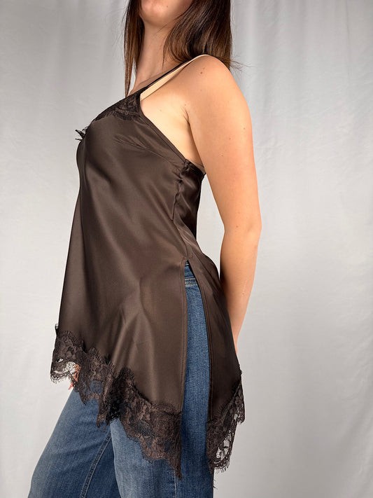 Canotta in Raso con Bordi in Pizzo Moro Vicolo