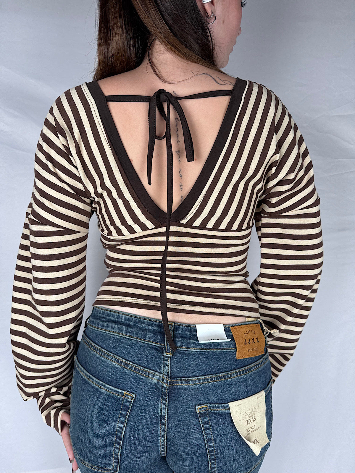 T-shirt Long Sleeve Scollo V Righe Armonia Beige