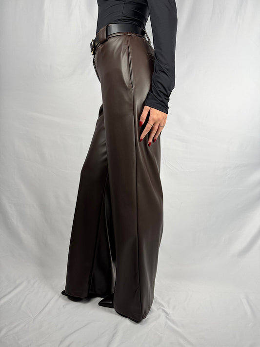 Pantalone in Eco-Pelle Marrone con Cintura Tensione-In