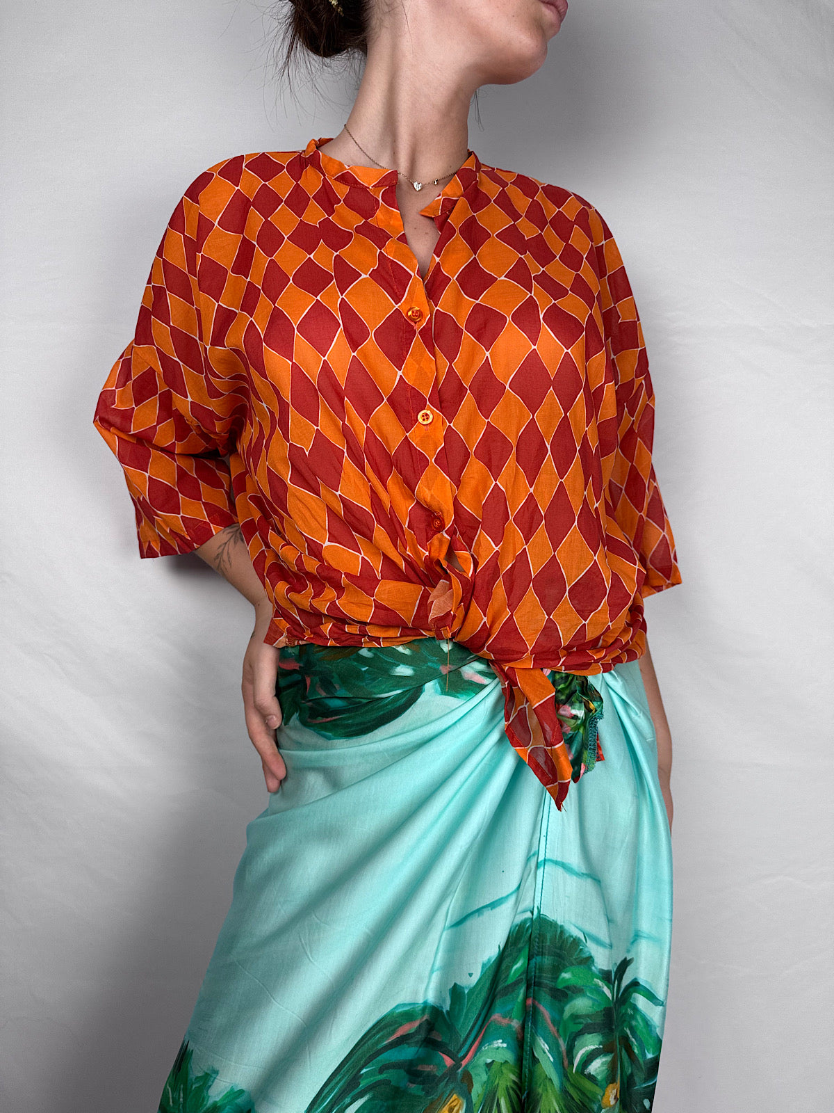 Camicia in Mussola Fantasia Geometrica Tensione-In Arancio