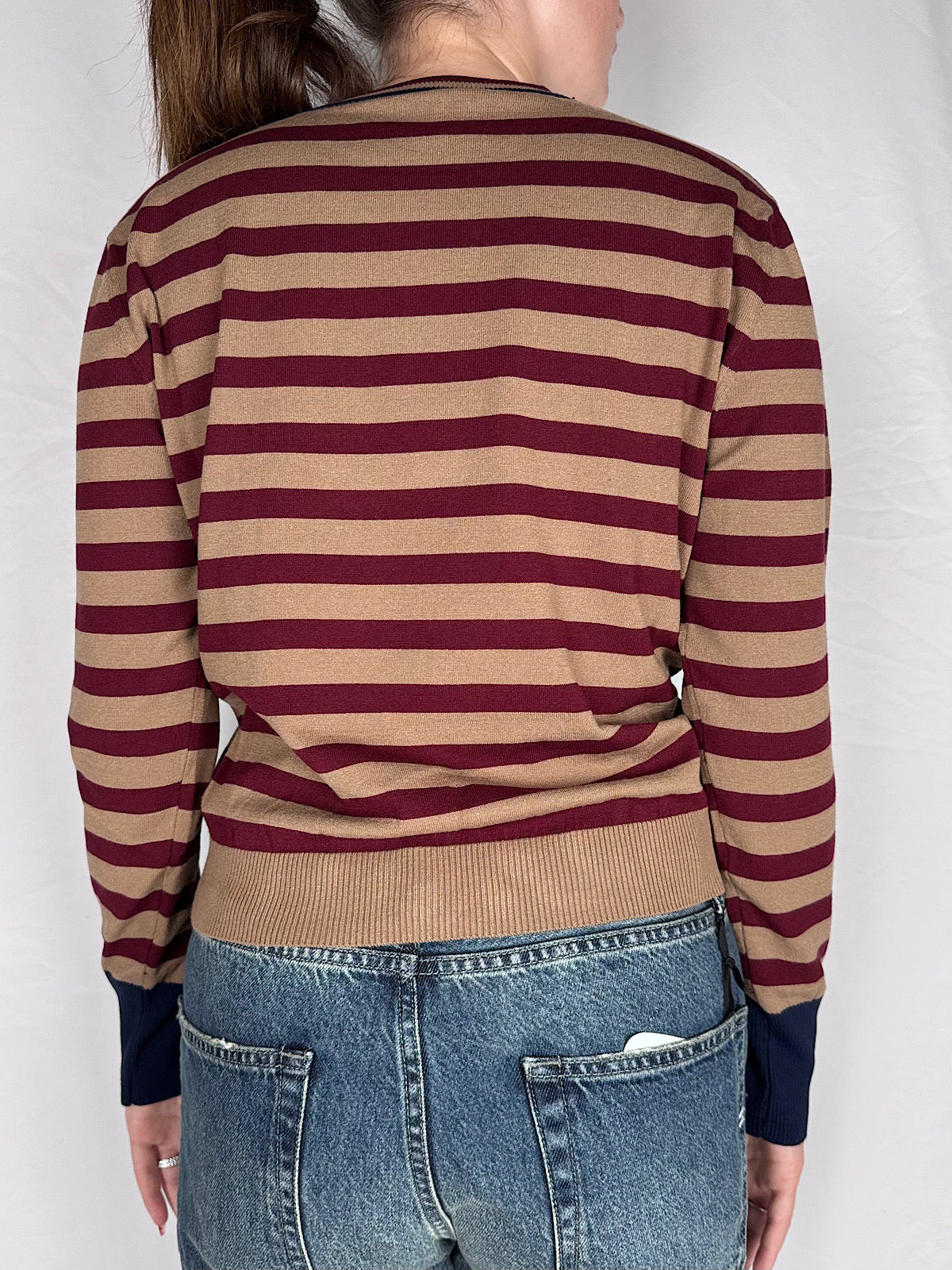Maglia  Girocollo A Righe Tensione In Cammello/bordeaux