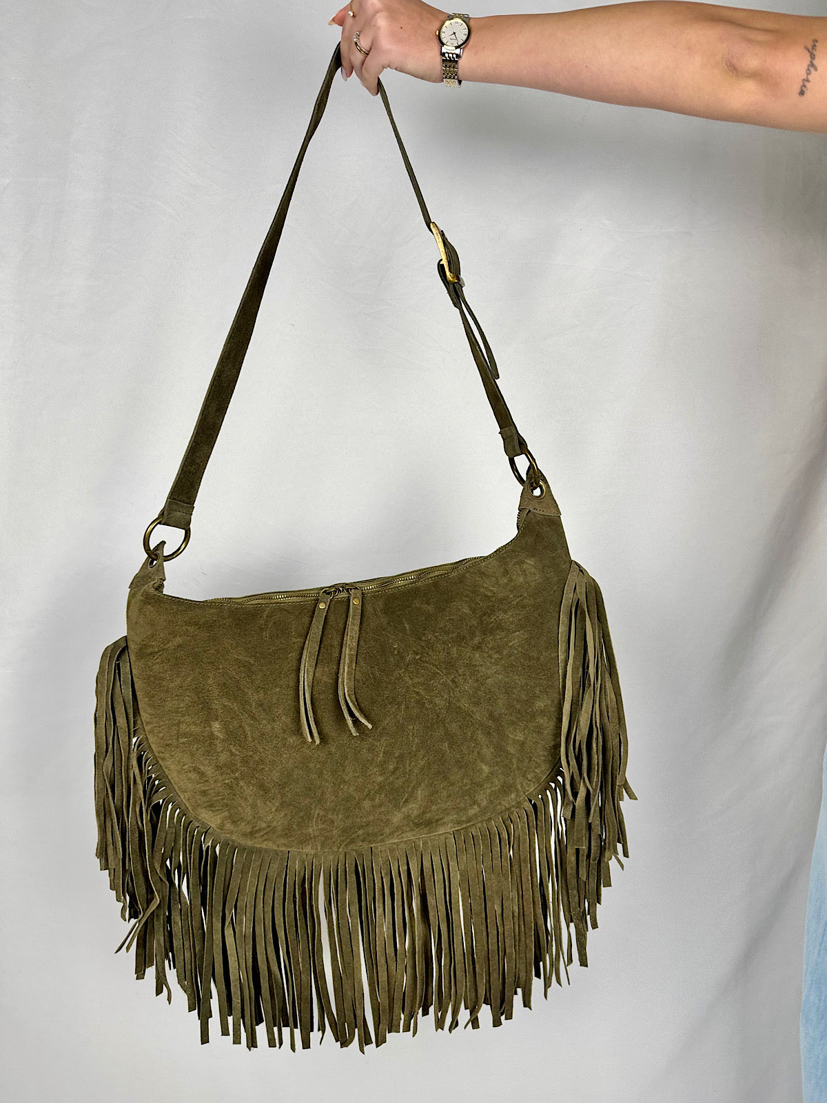 Borsa con Frange in Vera Pelle Verde Militare Vicolo