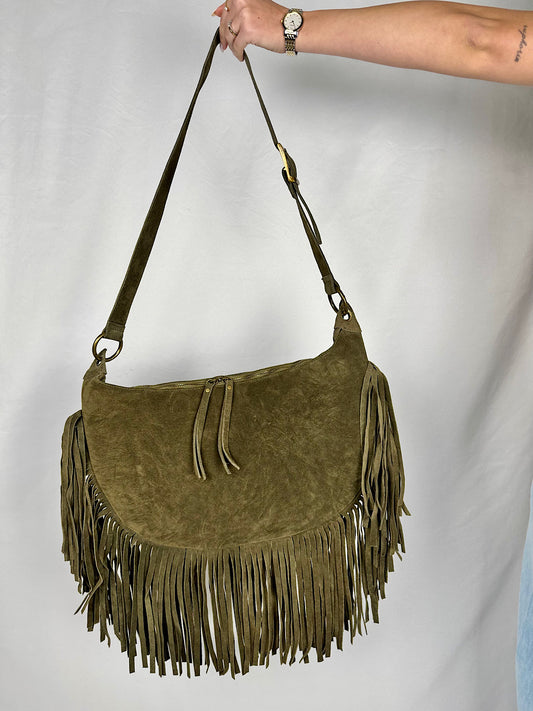 Borsa con Frange in Vera Pelle Verde Militare Vicolo