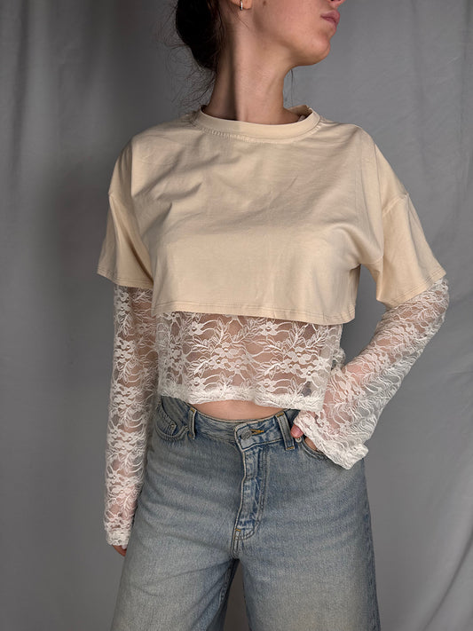 Completo T-shirt Crop + Maglia Pizzo Armonia Beige