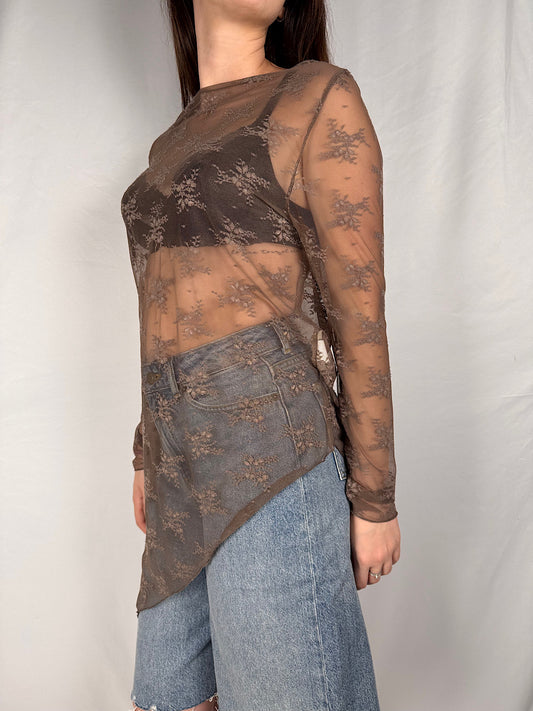 Maglia Pizzo Asimmetrica Armonia Marrone