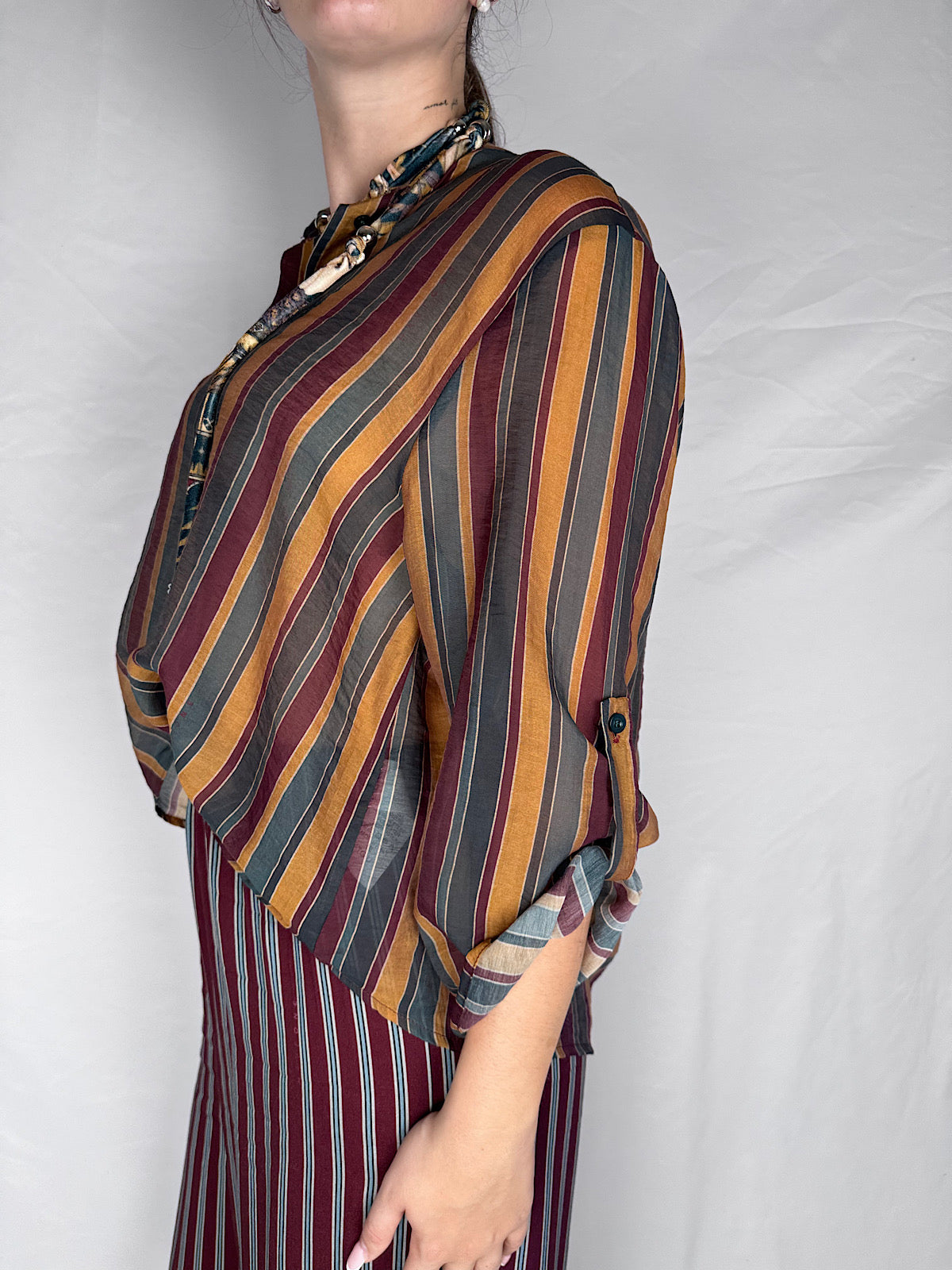 Camicia con Collana Righe "Nomad" HaveOne Bordeaux/Bottiglia/Ocra