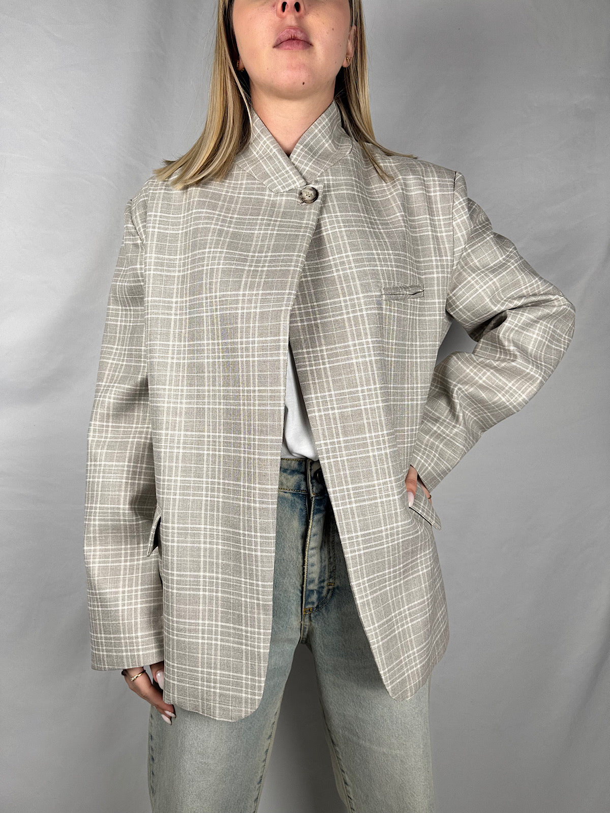 Giacca Collo Alto a Quadri Beige Vicolo