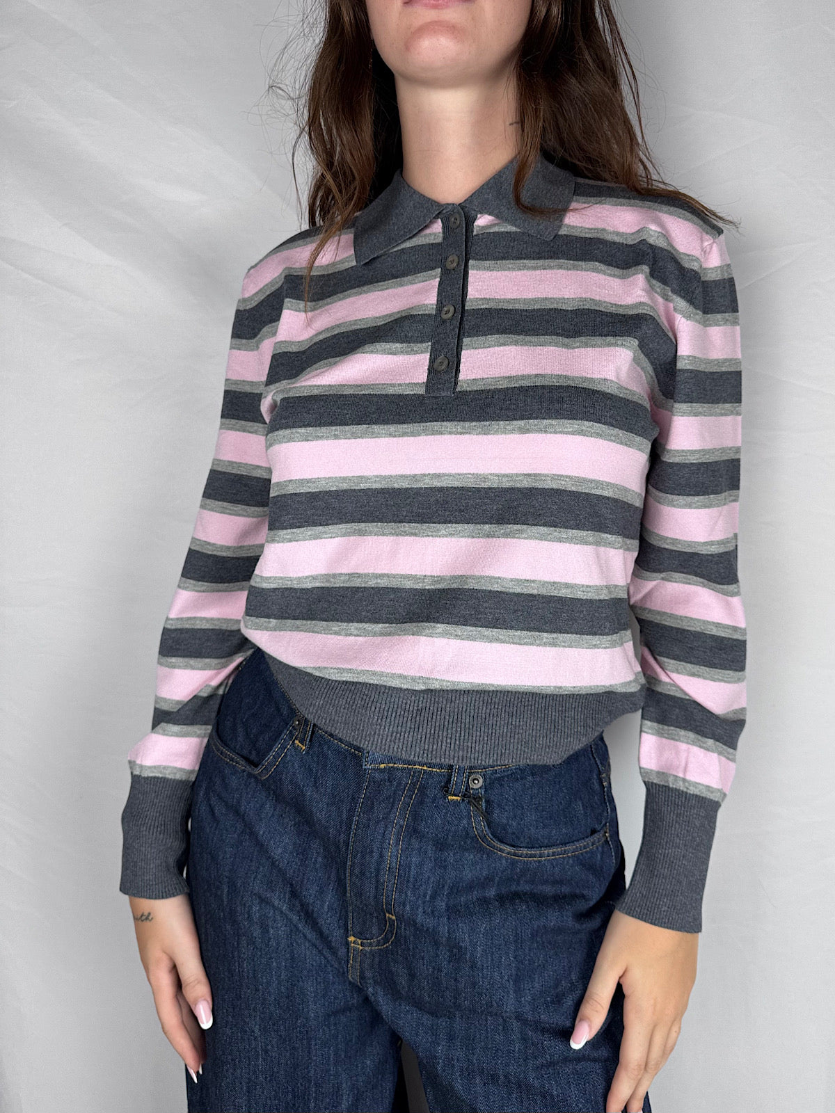 Polo a Righe Tensione In Rosa e Grigio
