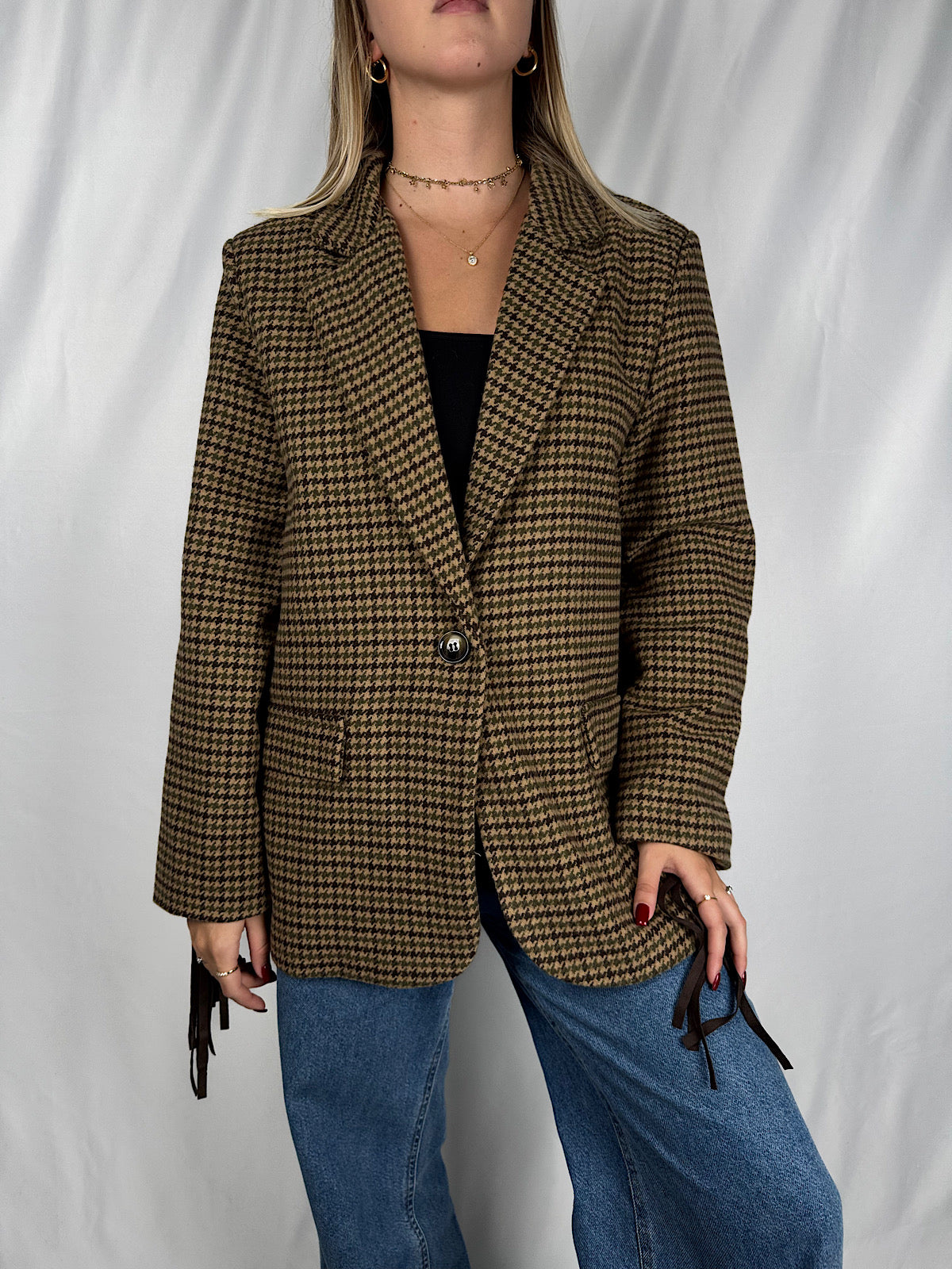 Giacca Pied Poule con Frange Marrone Armonia