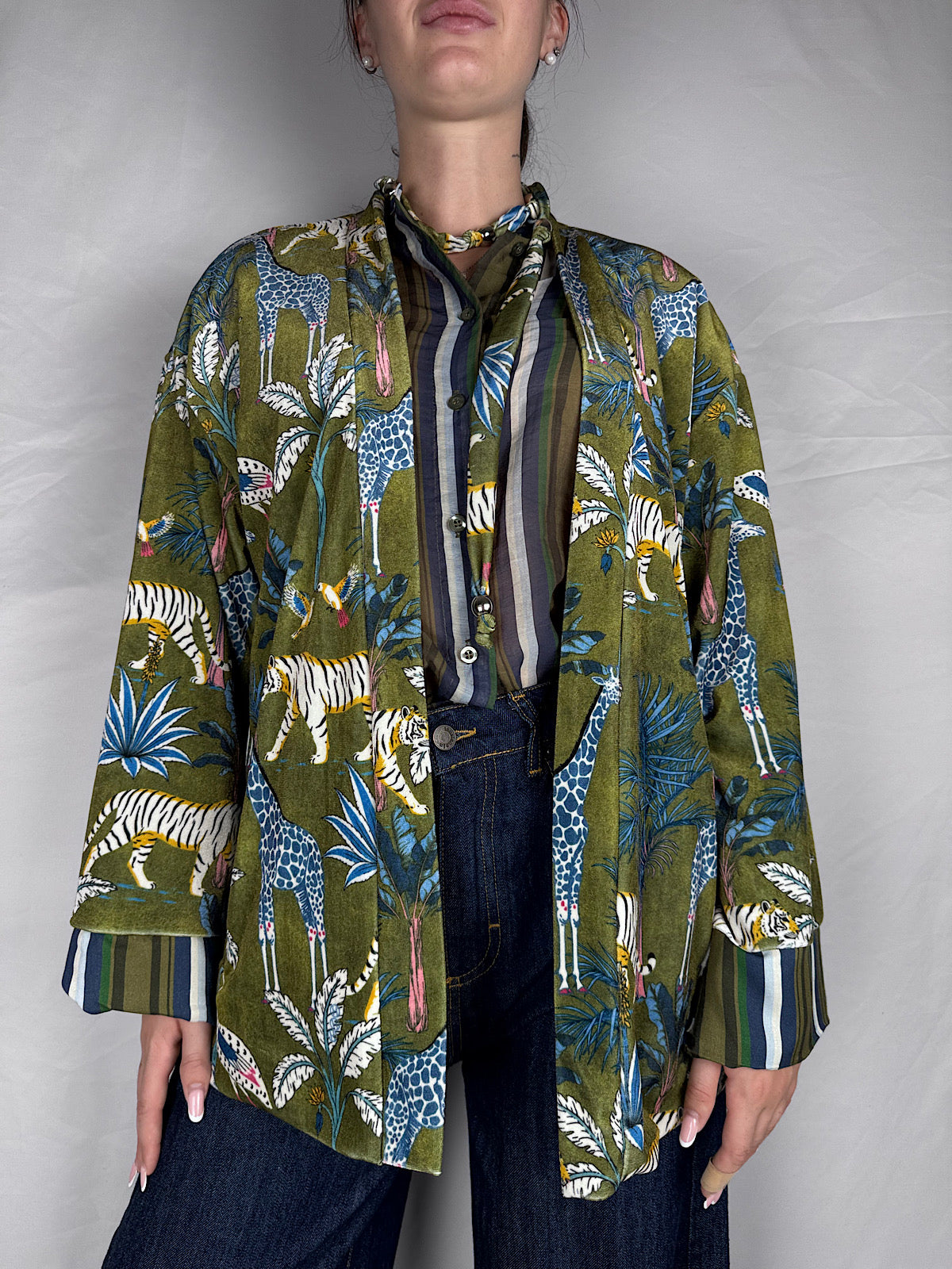 Giacca Kimono Ciniglia Stampa Savana "Nomad" Haveone Verde