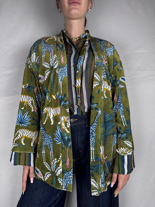 Giacca Kimono Ciniglia Stampa Savana "Nomad" Haveone Verde