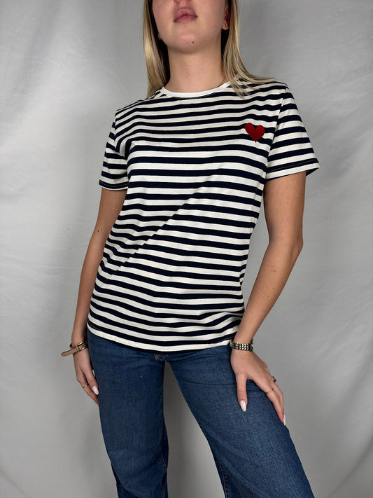 T-Shirt Righe con Ricamo Blu Armoni