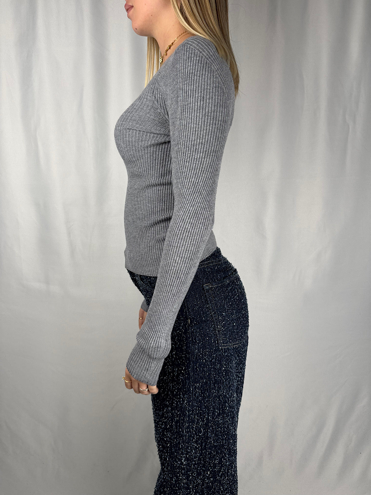 Maglia Basic Manica Lunga a Costine Grigio Tensione-In