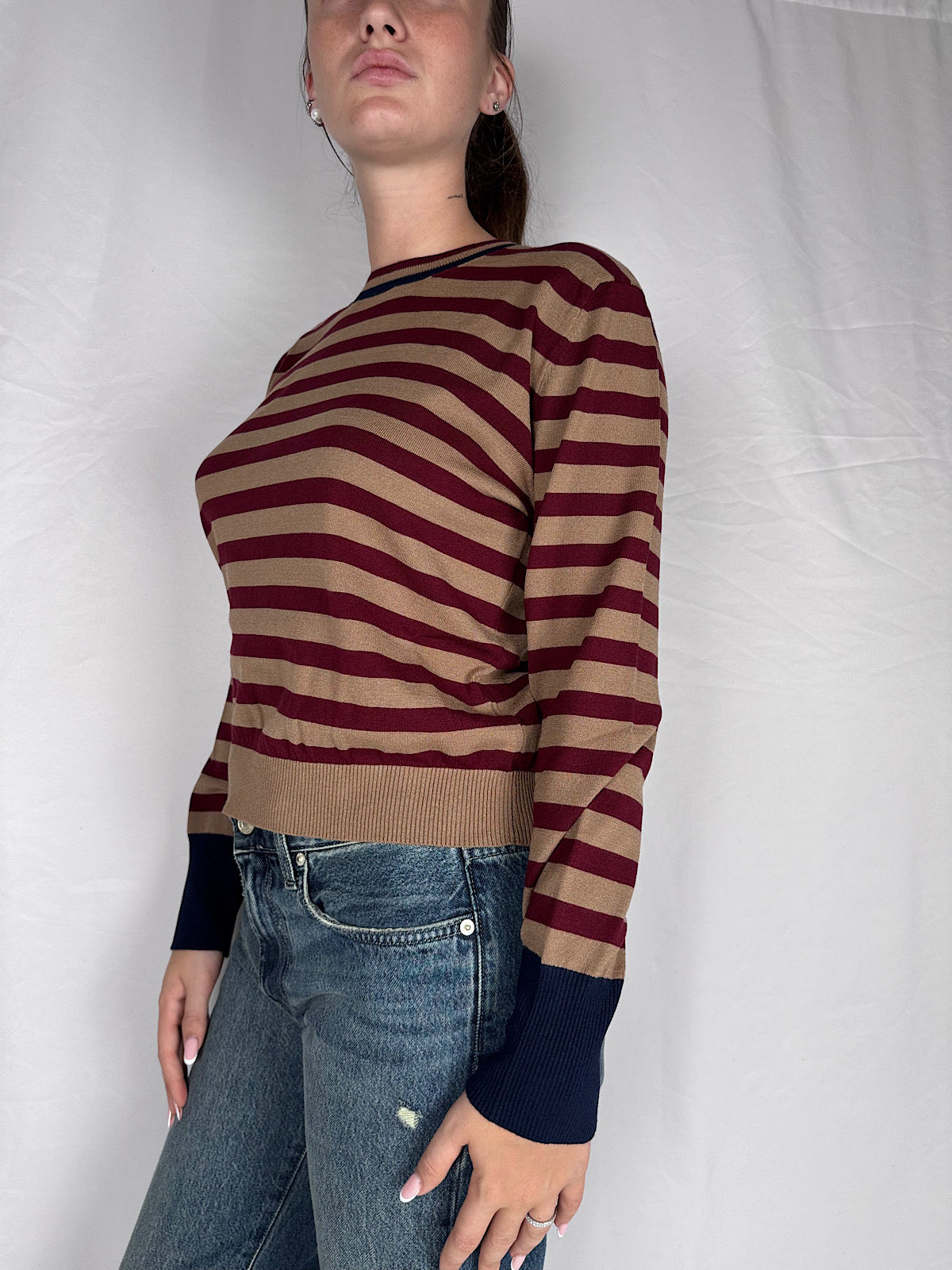 Maglia  Girocollo A Righe Tensione In Cammello/bordeaux