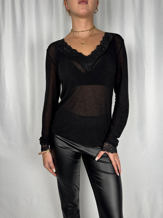 Maglia Misto Cachemere con Pizzo Nero Armonia