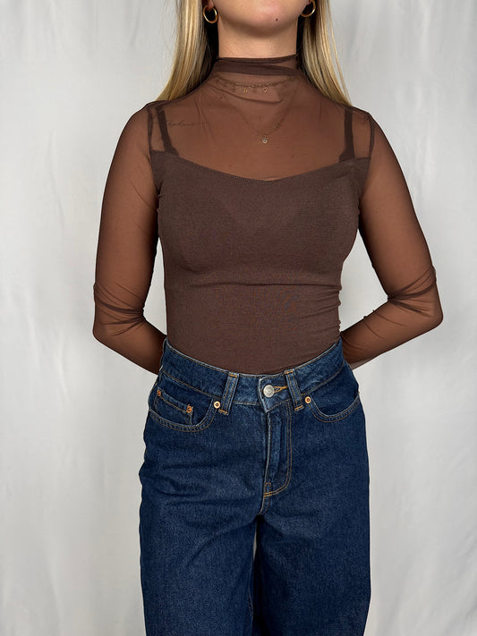 Maglia con Maniche in Tulle Marrone Armonia