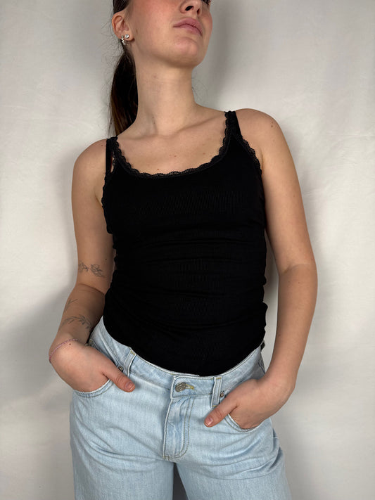 Canotta Basic Costine Dettaglio Pizzo  Armonia Nera