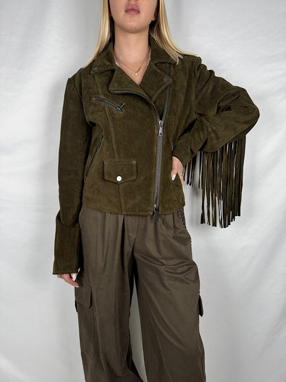 Chiodo in Vera Pelle Scamosciato con Frange Vicolo Militare