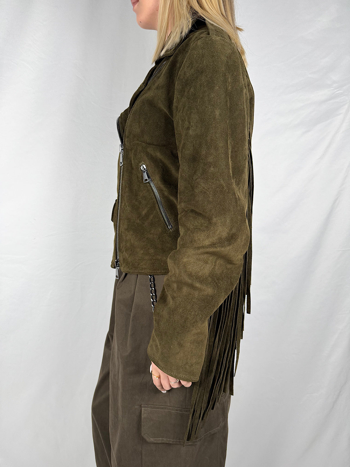 Chiodo in Vera Pelle Scamosciato con Frange Vicolo Militare