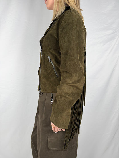 Chiodo in Vera Pelle Scamosciato con Frange Vicolo Militare