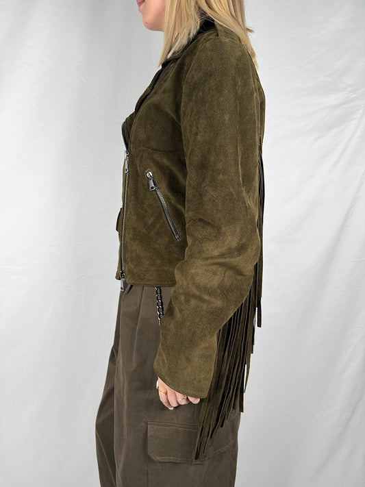 Chiodo in Vera Pelle Scamosciato con Frange Vicolo Militare