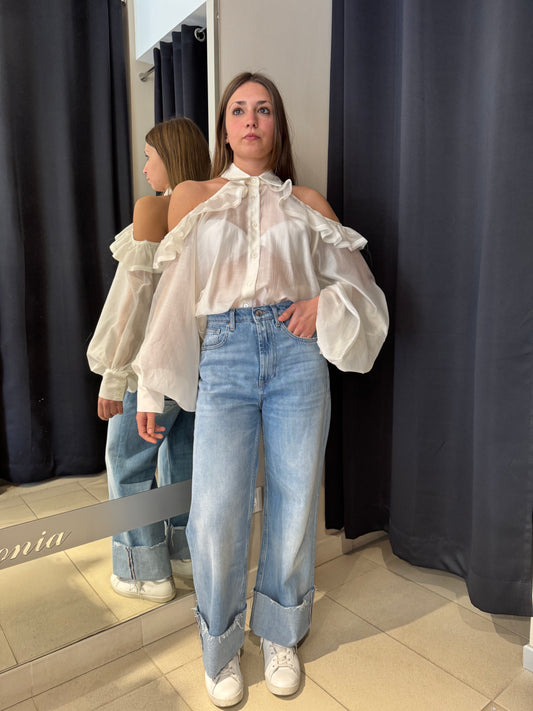 Camicia con Cut Out Spalle e Rouches Bianca