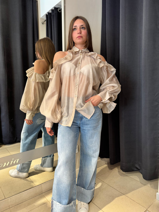 Camicia con Cut Out Spalle e Rouches Beige