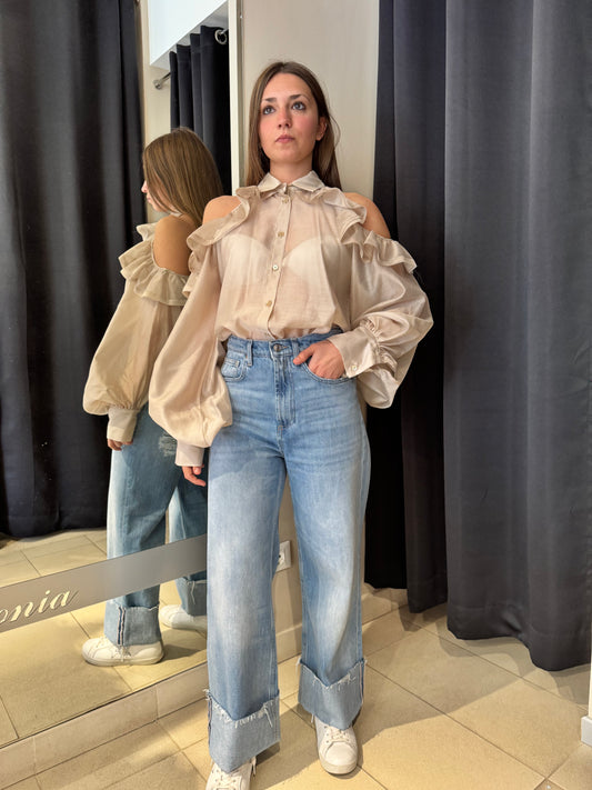 Camicia con Cut Out Spalle e Rouches Beige