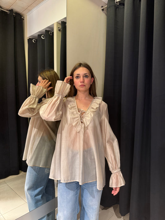 Camicia Con Rouches E Lacci Beige
