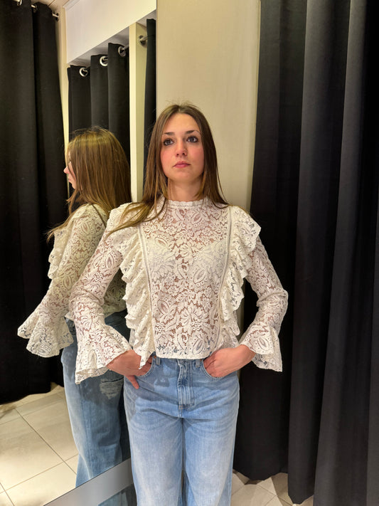 Camicia Con Maniche A Sbalzo In Pizzo Latte