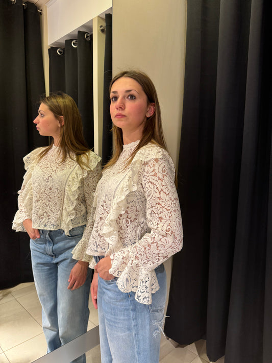 Camicia Con Maniche A Sbalzo In Pizzo Latte