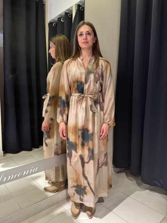 Abito Lungo Fantasia Marrone Con Spacco