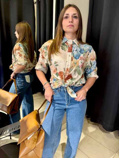 Camicia In Mussola Maniche Corte Fantasia Floreale