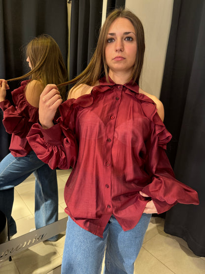 Camicia con Cut Out Spalle e Rouches Bordeaux