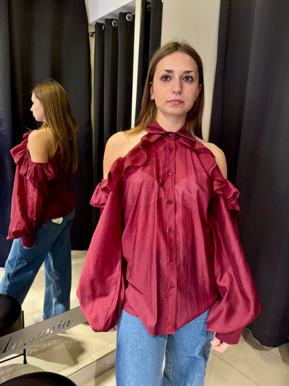 Camicia con Cut Out Spalle e Rouches Bordeaux