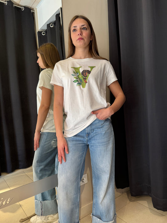 T- Shirt Bianca Con Bassotto E V Tridimensionale